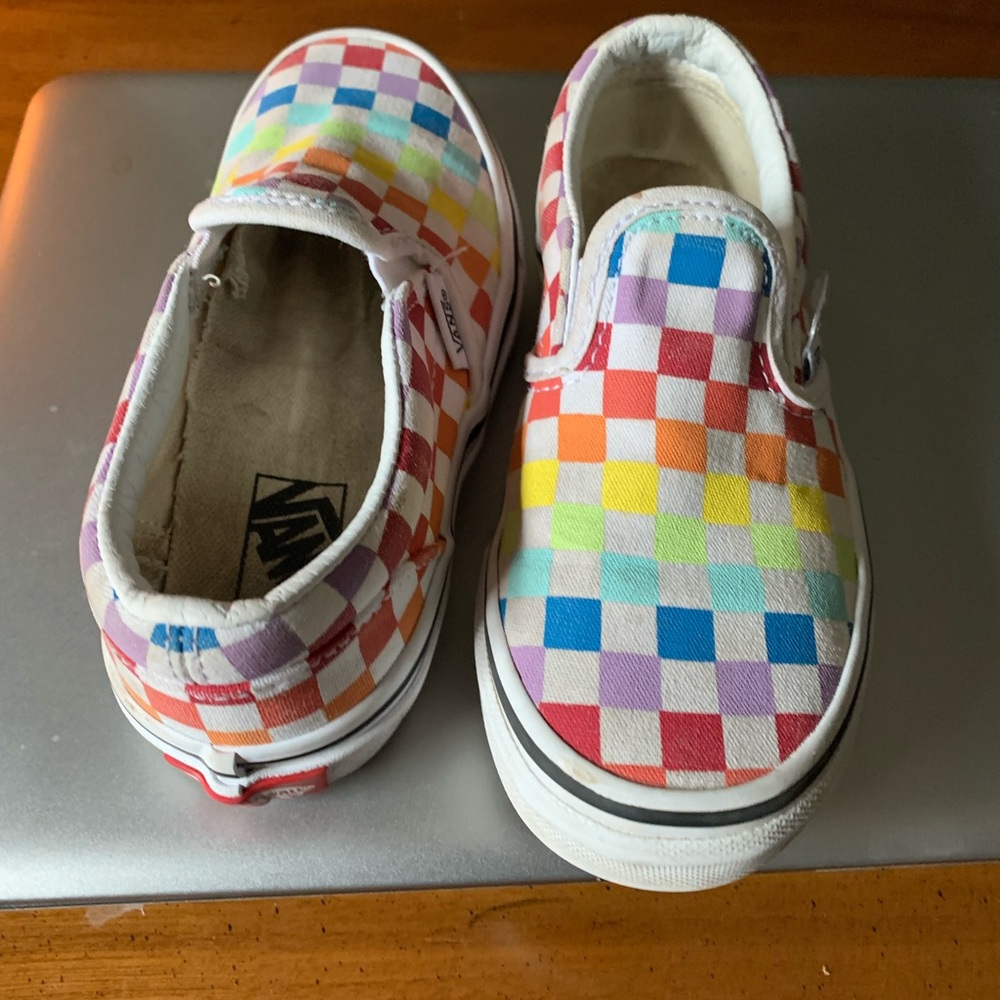 Kids size 13 rainbow checkered vans slide